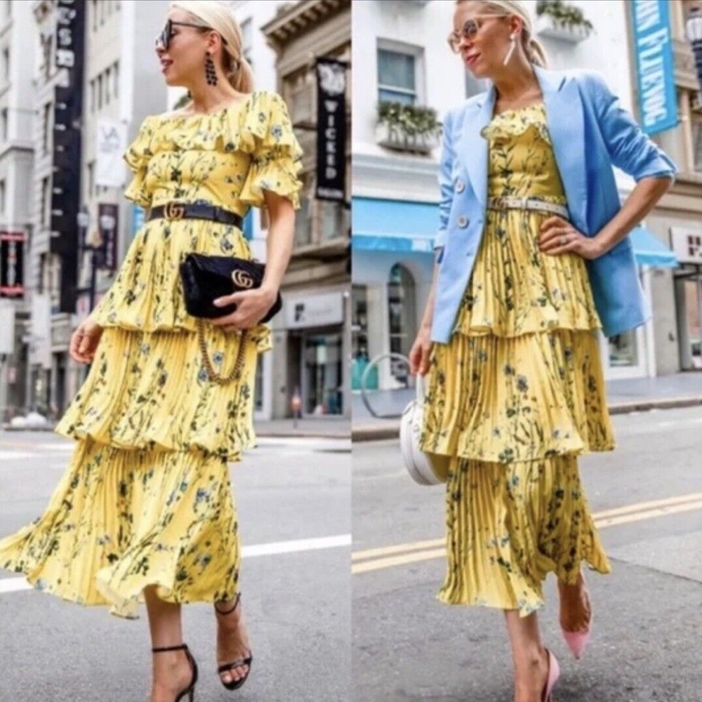 Aqua Yellow Floral One-Shoulder Tiered Ruffle Midi Dress